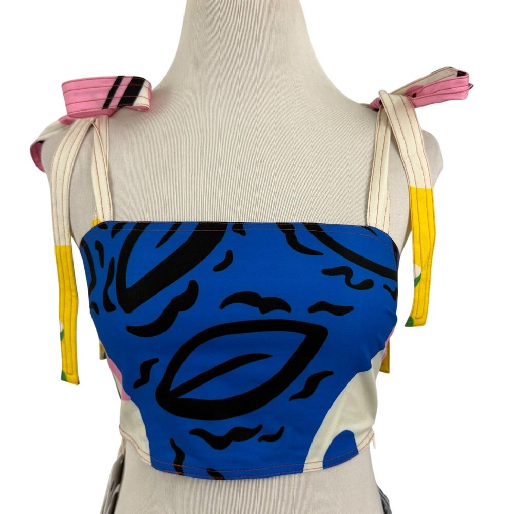Commense Crop Top‎ Women's Extra Small Tie Straps Shirred Back Abstract Print XS